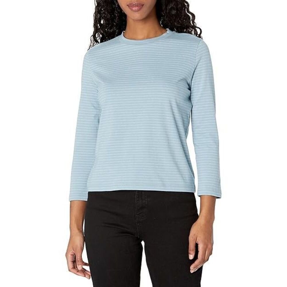 Vince $180 Neppy Stripe Bracelet Sleeve Crewneck Top Blue long sleeve Womens L N